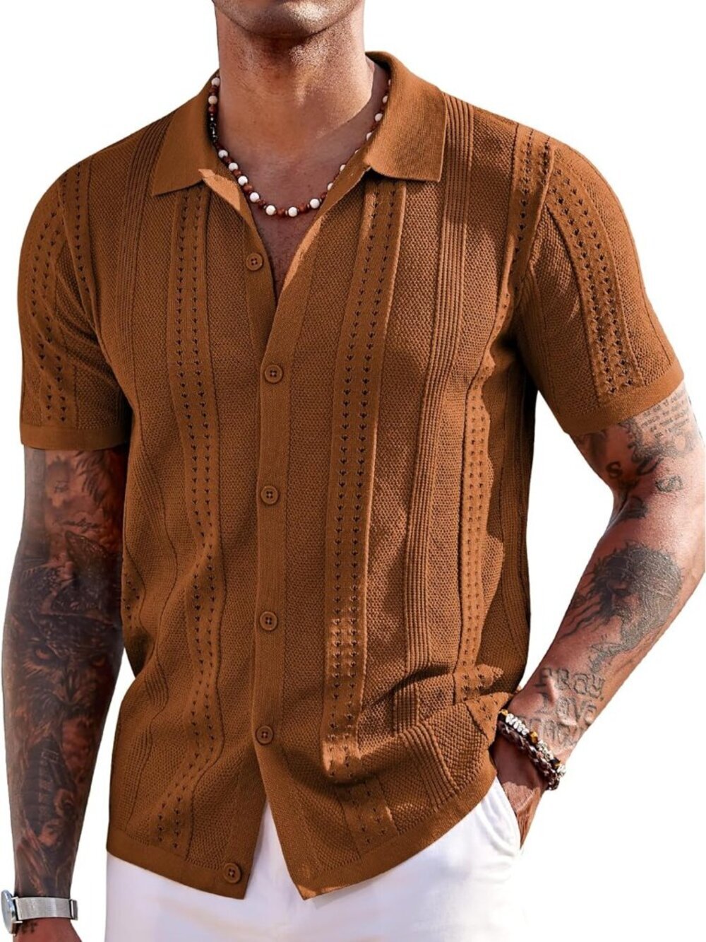 Men's Light Brown Knit Short Sleeve Button Down Polo Casual Summer Beach Shirt